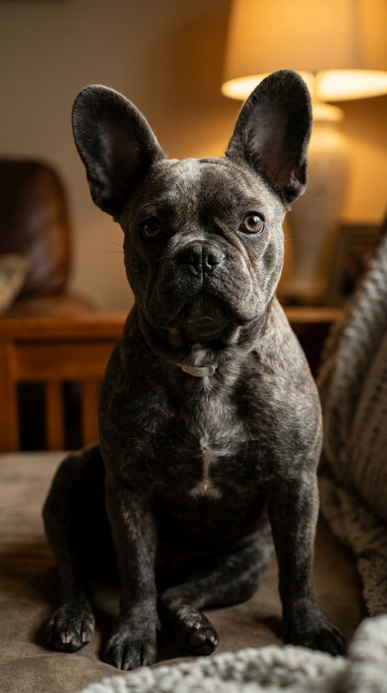 Sula, a blue exotic French Bulldog, looking at the camera